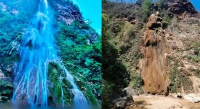 Montagem do antes e do depois com fotos da maior cacheira do Estado, Boca da Ona. (Foto: Instagram e Cristian Piana)