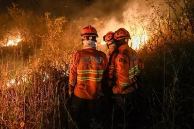 Bombeiros durante combate s chamas tambm em junho, madrugada adentro, no bioma em Mato Grosso do Sul (Foto: Bruno Rezende/Governo de MS)
