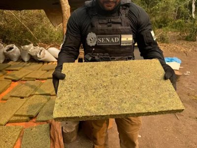 Policial mostra bloco de maconha prensada em acampamento narco na fronteira (Foto: Divulgao)