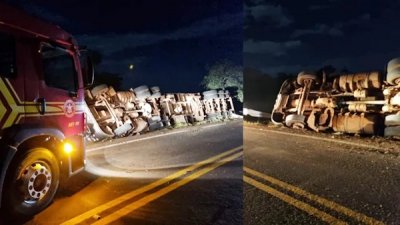 Motorista fica preso s ferragens aps carreta tombar na MS-450, em Aquidauana
