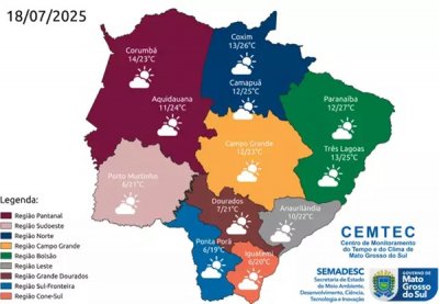 Mapa aponta para queda de temperatura em todas as regies de MS (Arte: Cemtec)