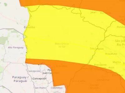 �reas em amarelo e laranja indicam risco de tempestade (Arte: Inmet)