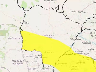 Alerta em amarelo indica risco de chuva intensa em parte de MS (Arte: Inmet)