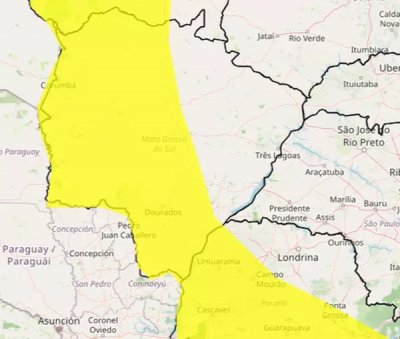�rea em amarelo indica os munic�pios sob alerta de chuvas intensas nesta sexta-feira (Imagem: reprodu��o/Inmet)