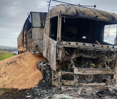 Carreta completamente destru�da ap�s inc�ndio e a carga de soja espalhada na margem da rodovia (Foto: Dionnes Cear�/ MS Hoje)