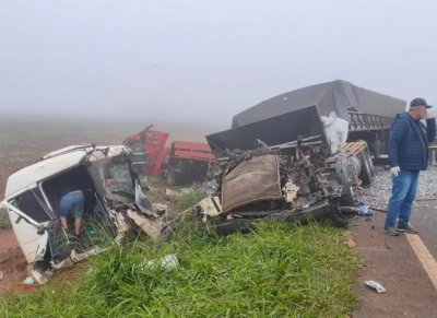 Carreta com a cabine destru�da e ao fundo o caminh�o vermelho; ve�culos bateram de frente na MS-157 (Foto: Leandro Holsbach)
